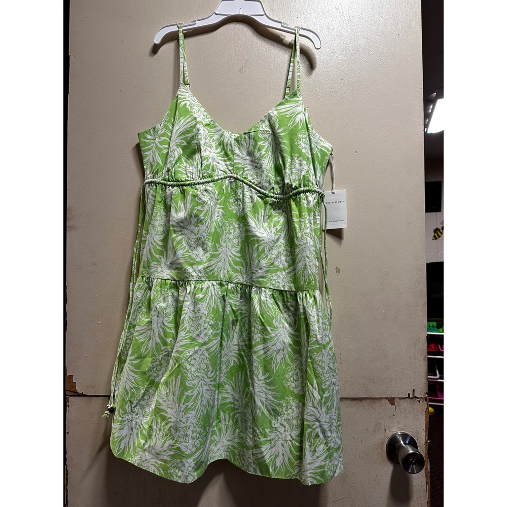 Free Assembly Kiwi Kiss Pineapple Tiered Mini Dress Green White L FASH9075SM